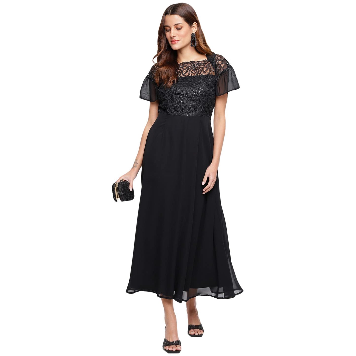 Latin Quarters Women's Black Polyester Short Sleeve Maxi Dress_M