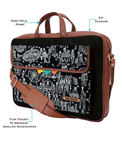 Funk For Hire Mela Printed One Pocket Cotton Canvas Unisex 17 inch Laptop Bag Black