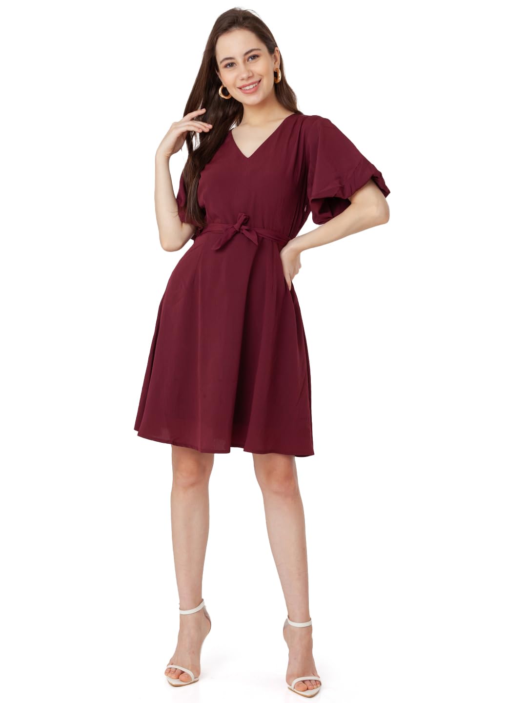 Zink London Women's Maroon Textured Regular Short Dress