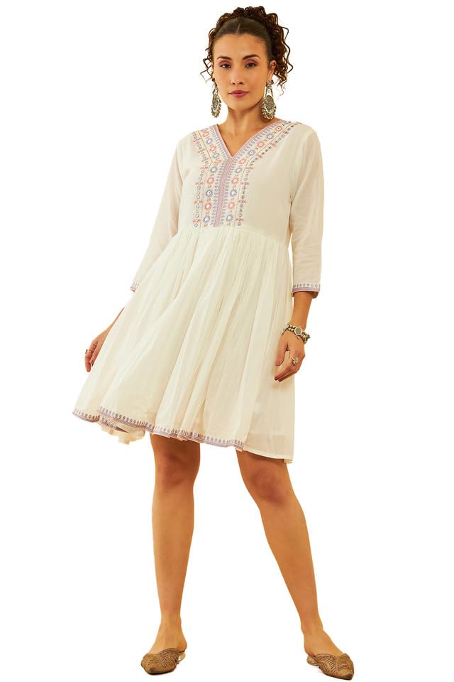 Soch Womens White Cotton Embroidered Dress with Faux Mirror(8909058011353)