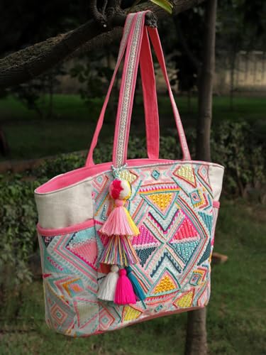 Anekaant Kooky Natural & Multi Boho Geometric Embellished Handloom Cotton Jacquard Tote Bag