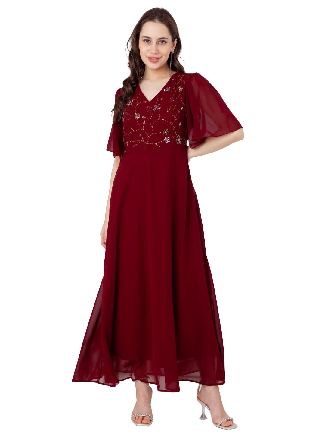 Zink London Women's Maroon Embroidered Empire Maxi Dress