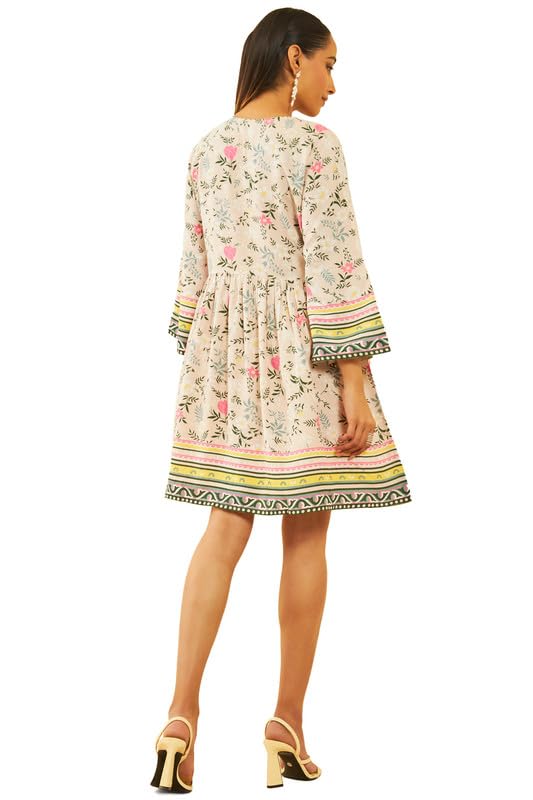 Soch Womens Beige Rayon Floral Print Dress with Tassels