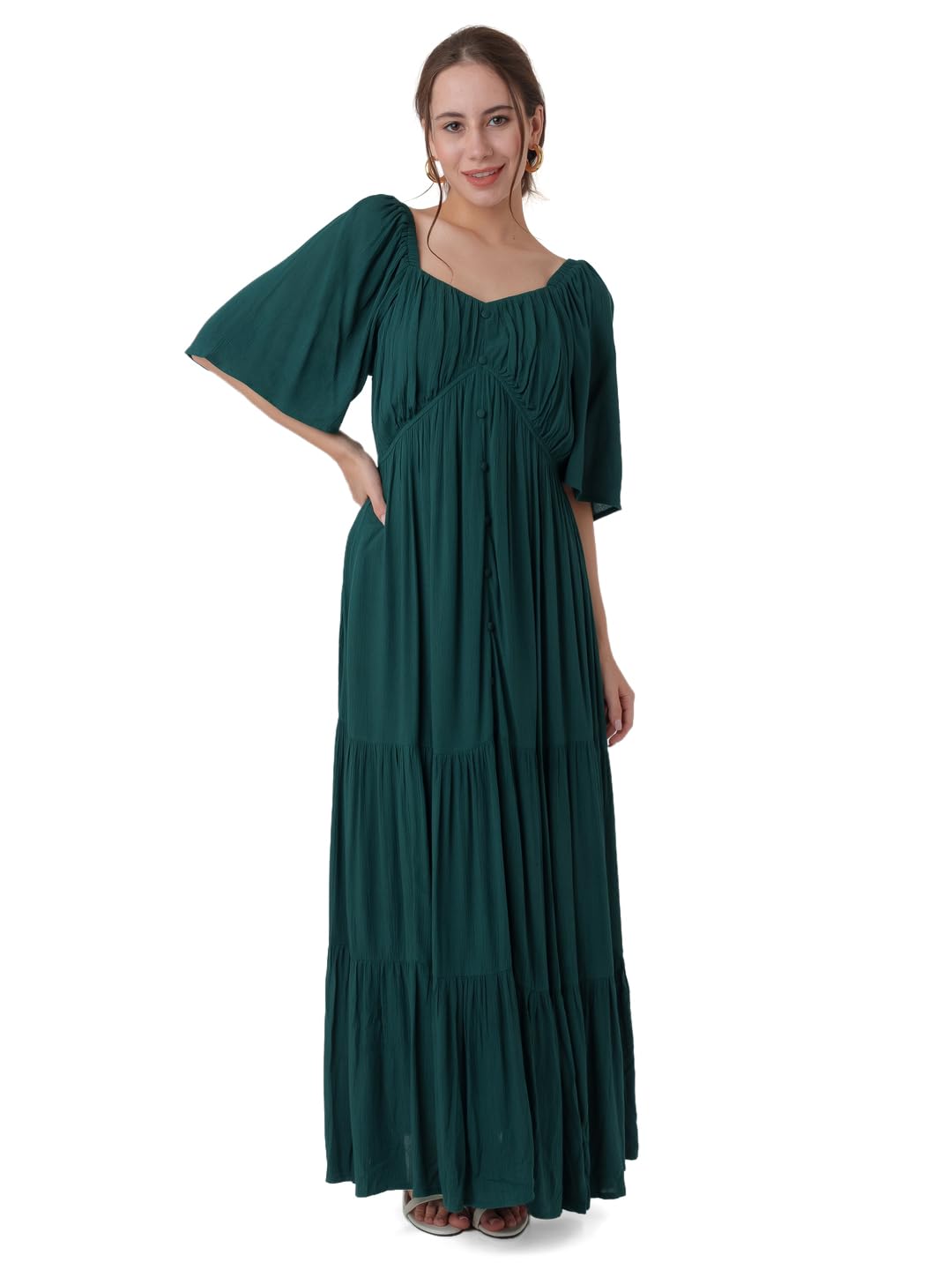 Zink London Women's Dark Cedar Solid Tiered Maxi Dress Green