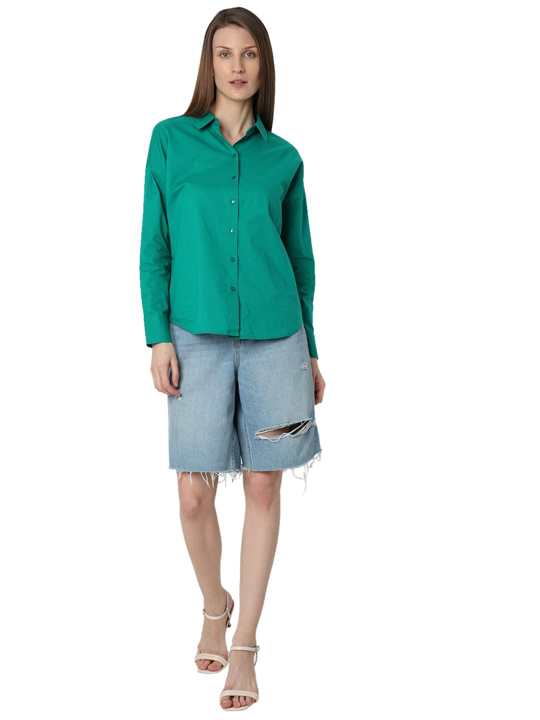 VERO MODA Women's Solid Regular Fit Shirt (296899302-Pepper Green_Pepper