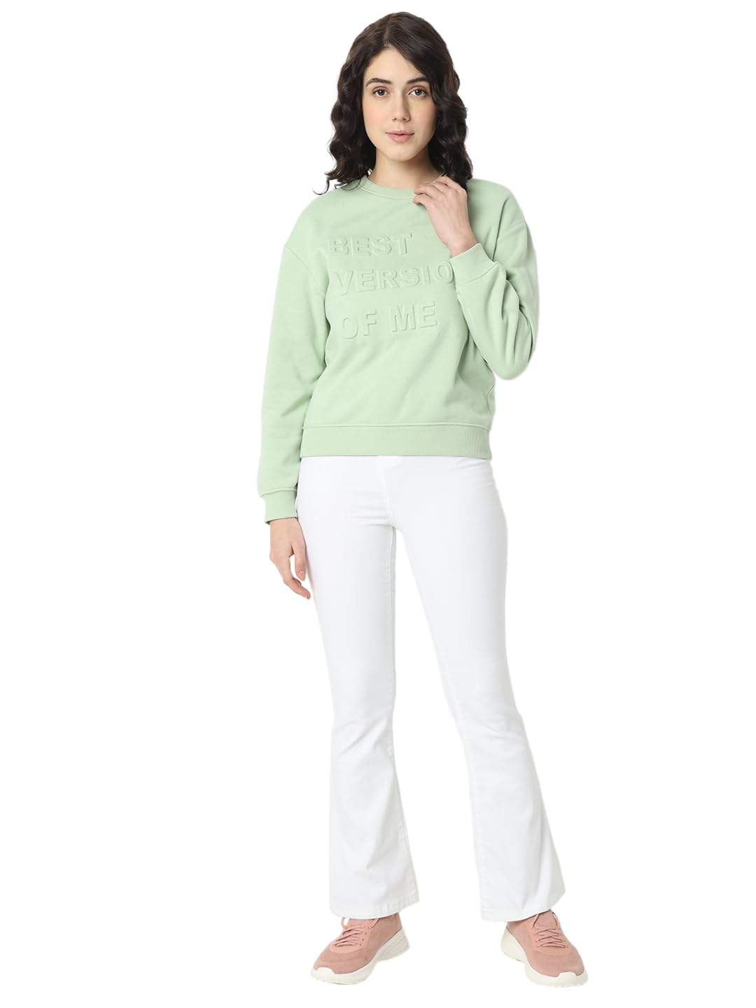 VERO MODA Women's Cotton Round Neck Sweatshirt (Smoke Green)