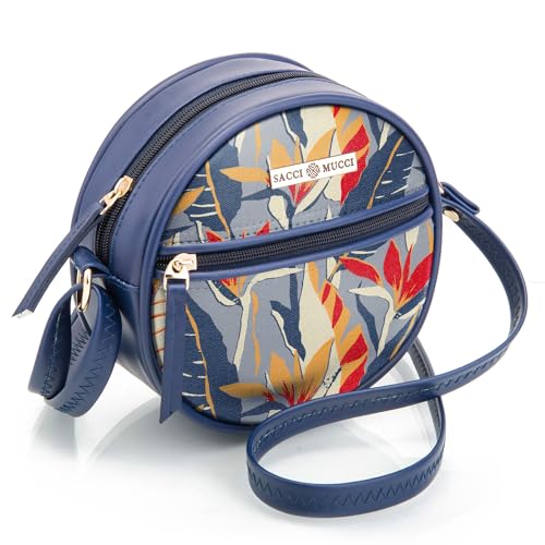 SACCI MUCCI Round Crossbody Bag | Side Sling Bag for Women and Girls | Latest Stylish Shoulder Bag for Ladies - Exotic Jungle (Navy Blue)