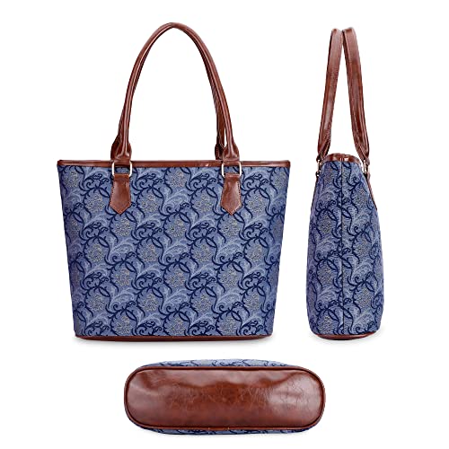 THE CLOWNFISH Justina Tapestry Fabric & Faux Leather Handbag for Women Office Bag Ladies Shoulder Bag Tote For Women College Girls (Blue-Floral)