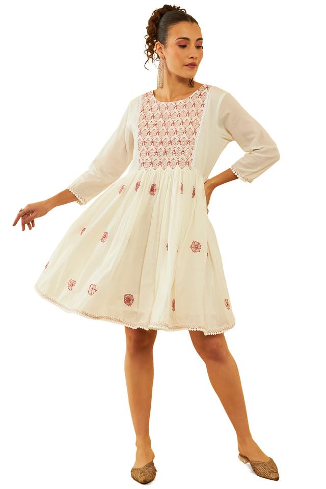 Soch Womens White Cotton Embroidered Dress with Thread Work(8909058011155)