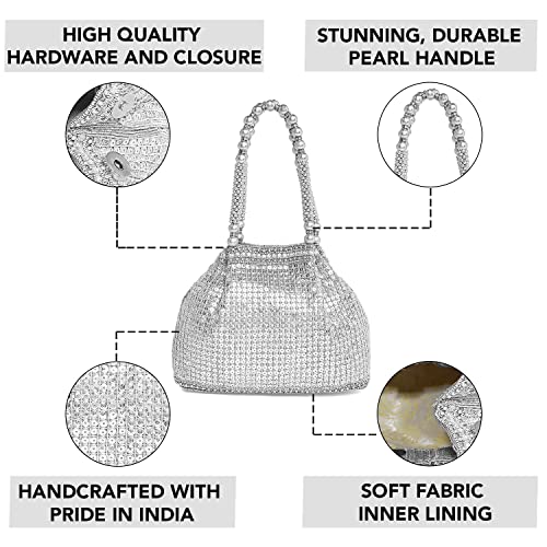 Peora Silver Stylish Handbag for Women Handmade Evening Wristlet Hand Bag Bridal Purse Fashion Bag for Girls