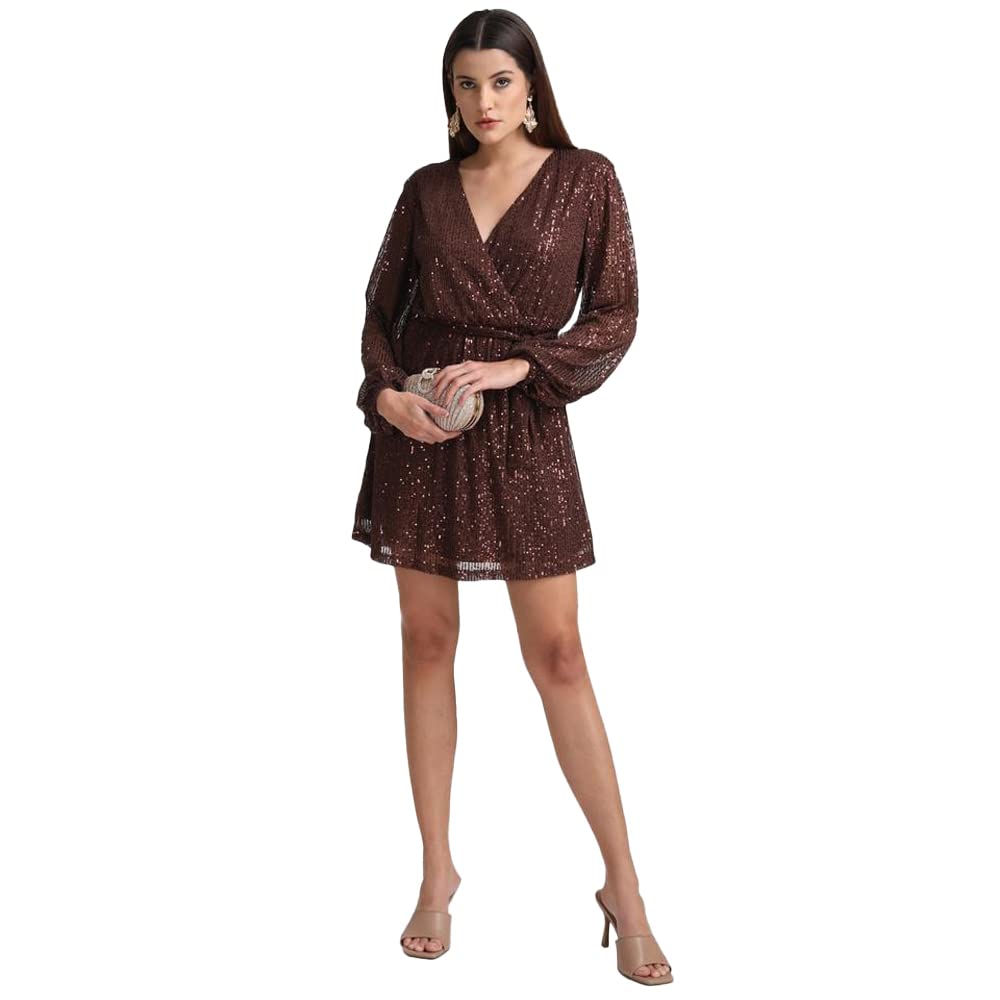 Kazo Abstract Satin V Neck Women's Mini Dress (Brown)