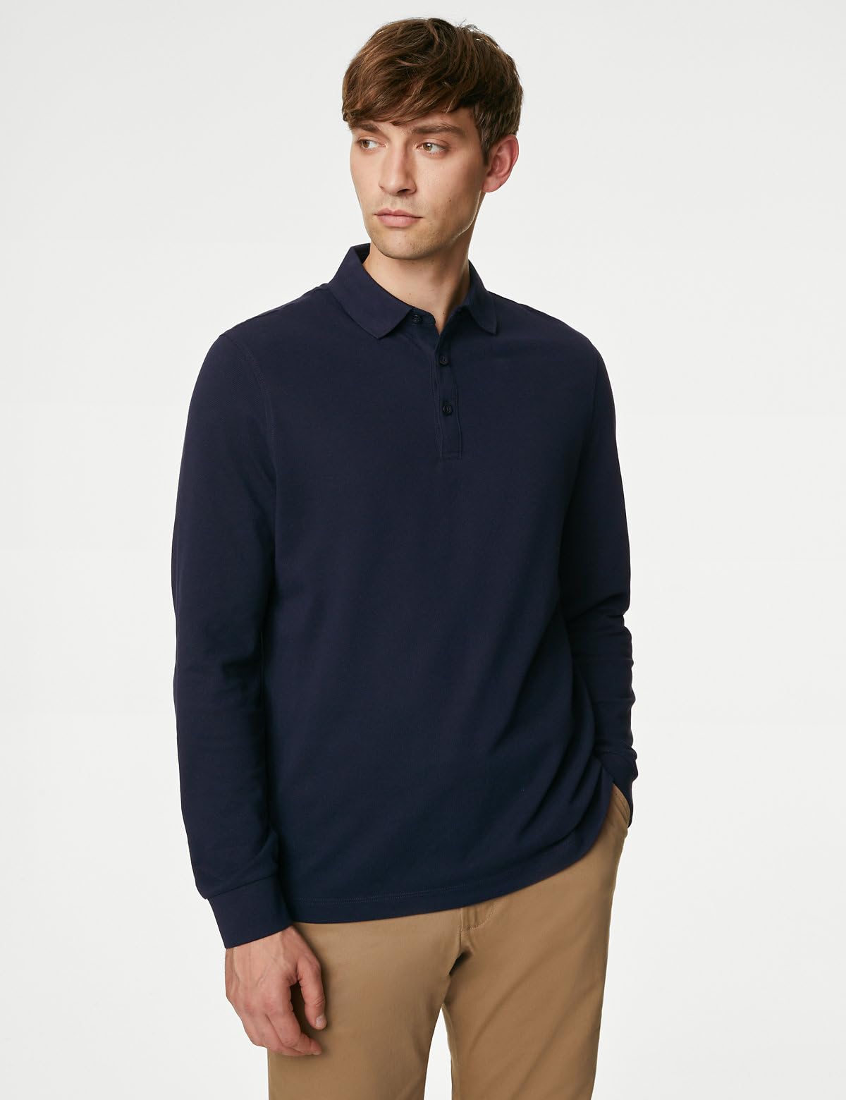 Marks & Spencer Pure Cotton Long Sleeve Polo Shirt T285525MDARK Navy_(XL)