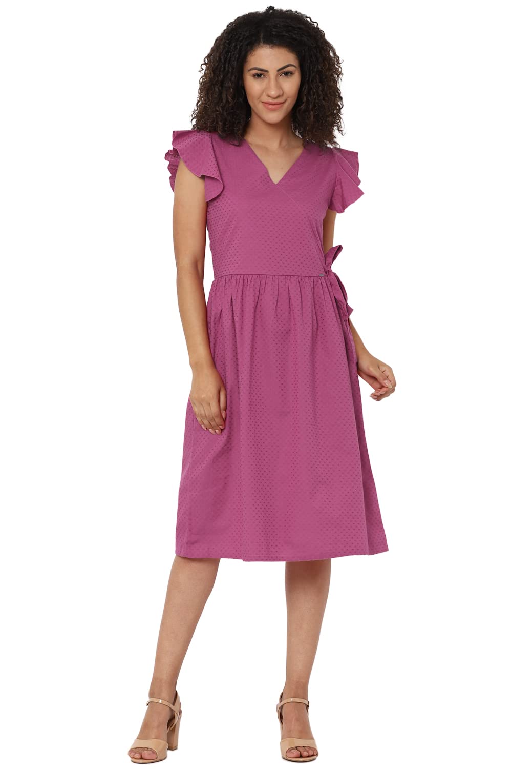 Allen Solly Textured Cotton Regular Neck Womens Dress (Magenta)