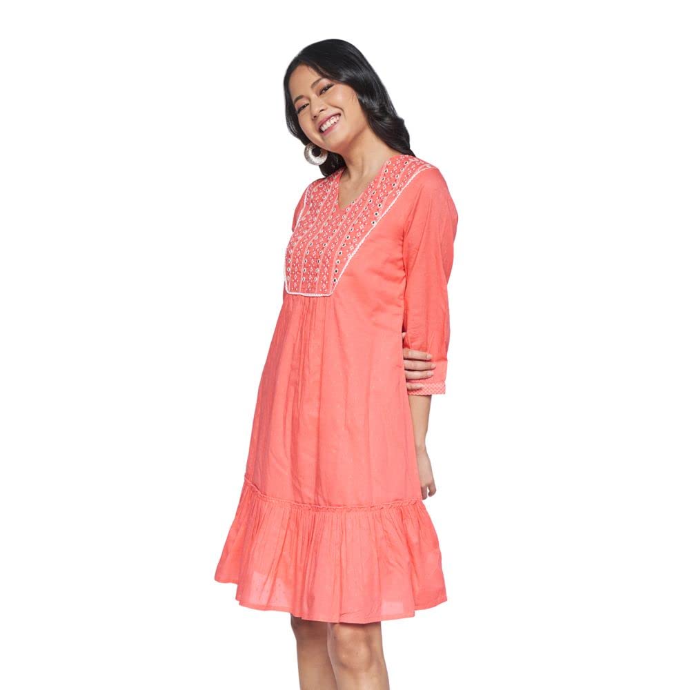 global desi Solid Cotton V Neck Womens Flared Dress (Coral)