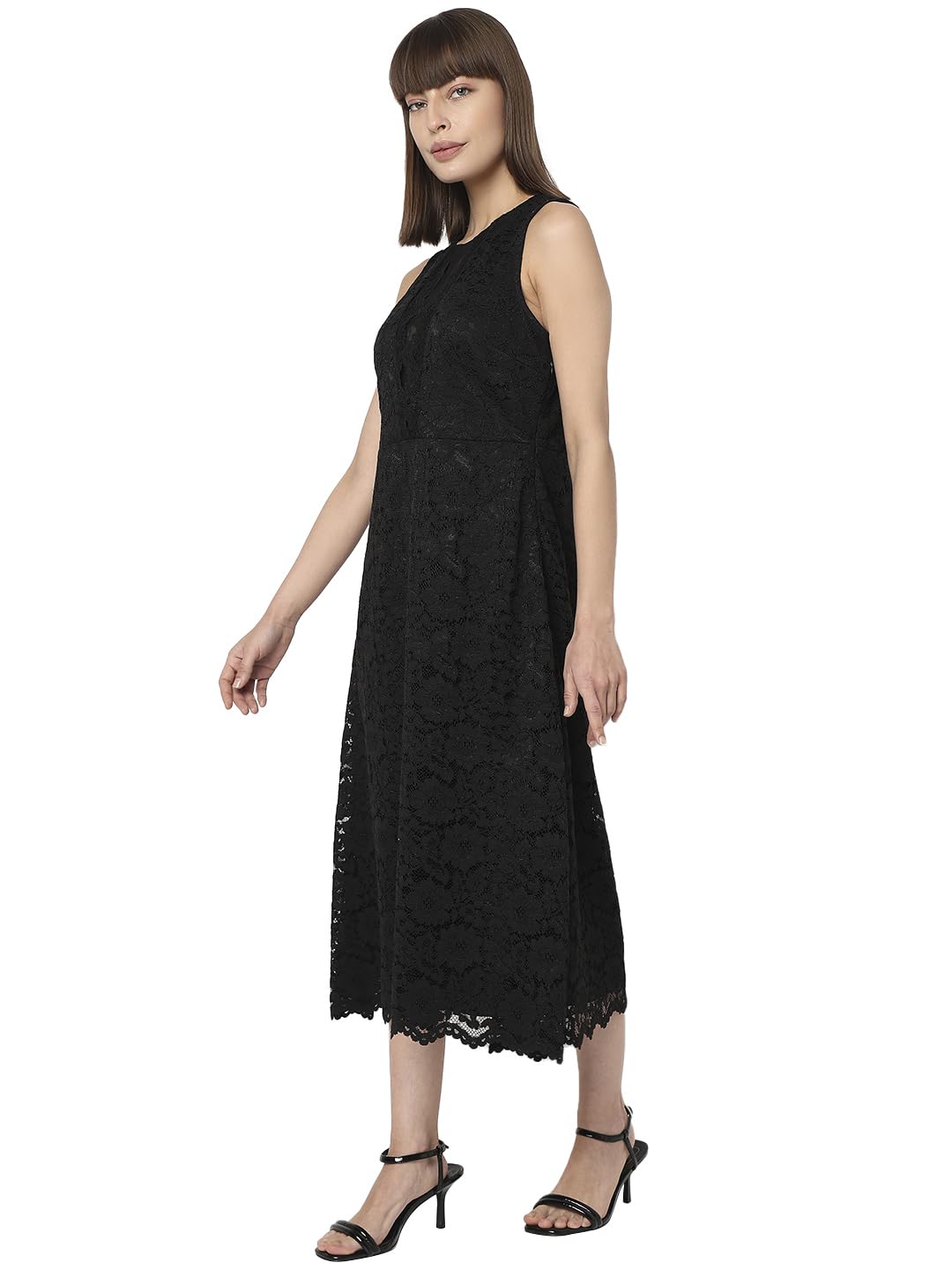 VERO MODA Women's Polyester A-Line Midi Dress (10302131-Jet Black_Jet