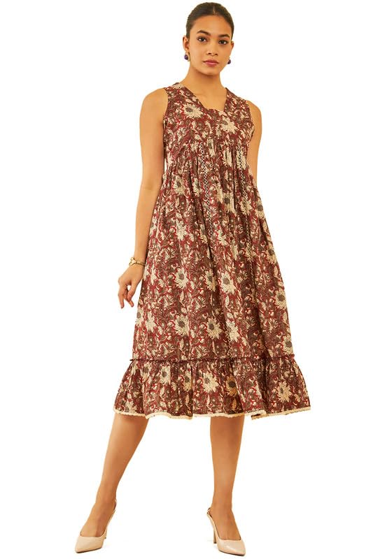 Soch Womens Maroon Cotton Floral Print Dress