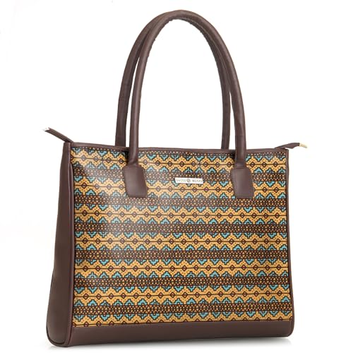 SACCI MUCCI Women's Tote Bag | Large Capacity Tote Bags For Women with Padded Laptop Compartment | Big Shoulder Bag for Office-EthnicTraditional Print (Brown)