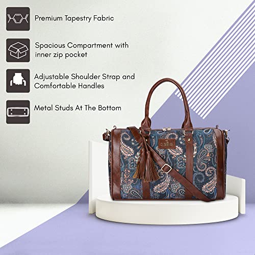 THE CLOWNFISH Lorna Printed Handicraft Fabric & Faux Leather Handbag Sling Bag for Women Office Bag Ladies Shoulder Bag Tote For Women College Girls (Peacock Blue-Floral)