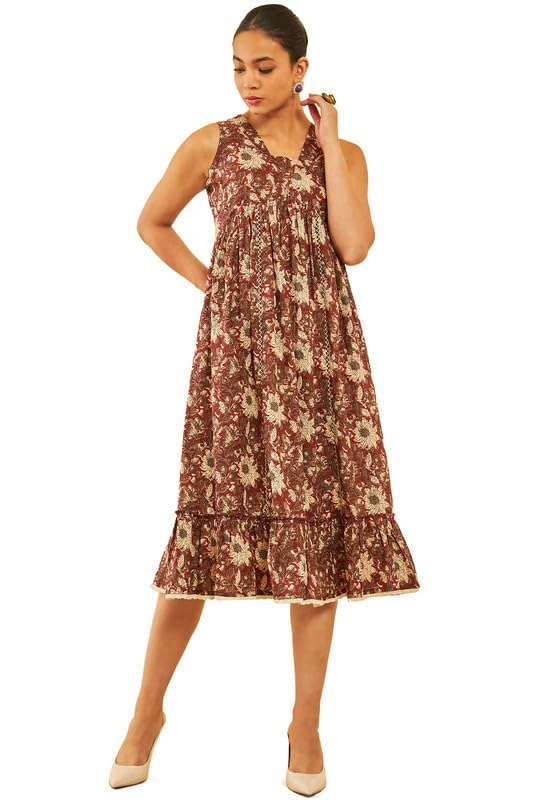 Soch Womens Maroon Cotton Floral Print Dress