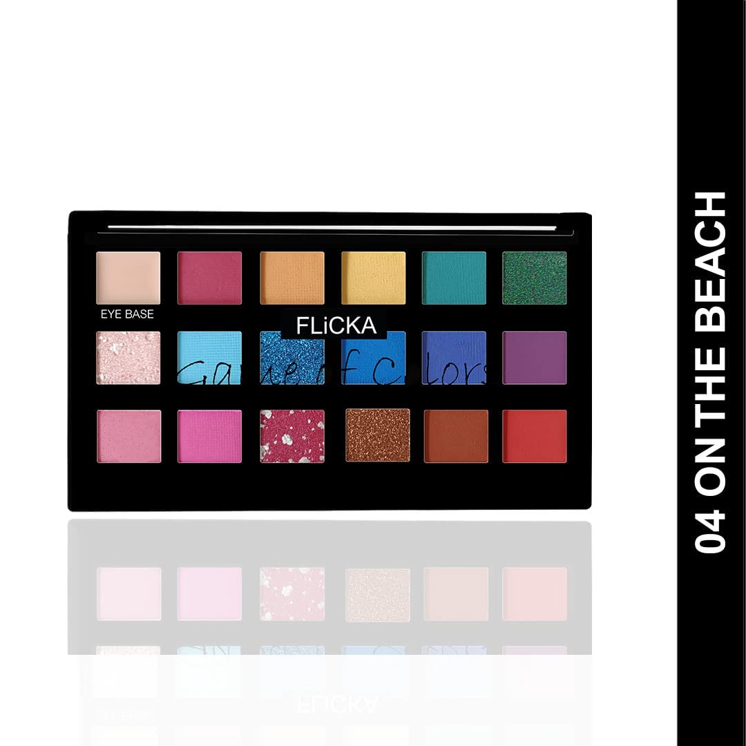 FLiCKA Game Of Colors Makeup Eyeshadow Palette| Matte & Shimmery Finish, Smudge Proof, Crease Proof & Smear Proof| Highly Pigmented & Easy To Blend, 04 On The Beach, 18g