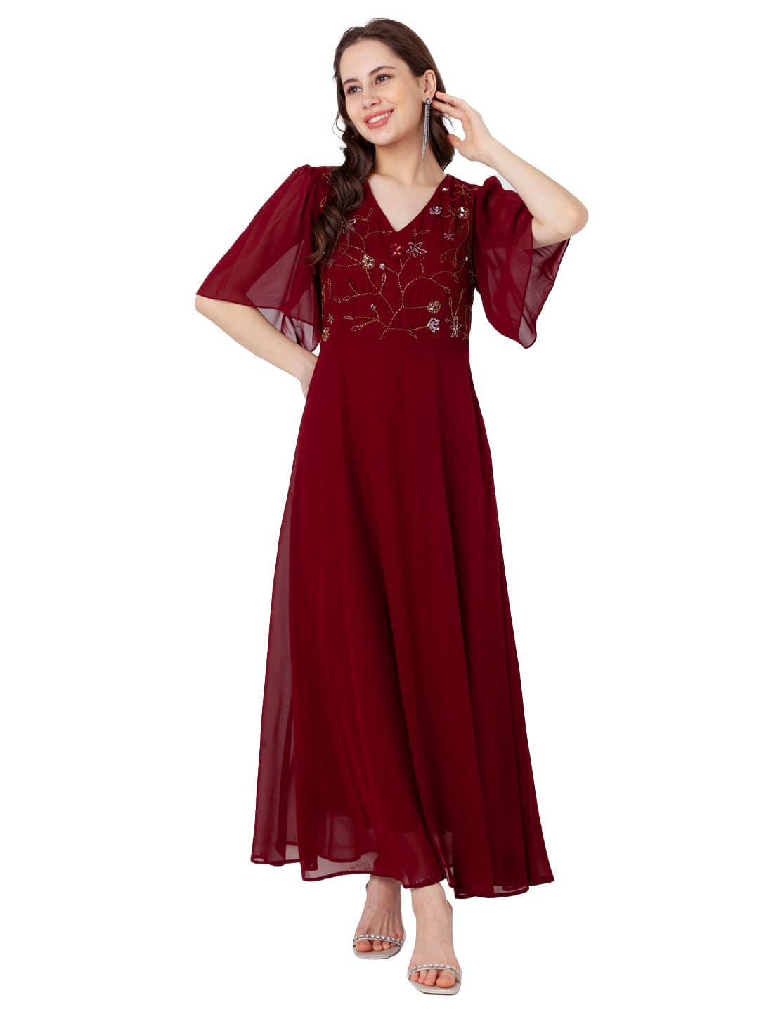 Zink London Women's Maroon Embroidered Empire Maxi Dress