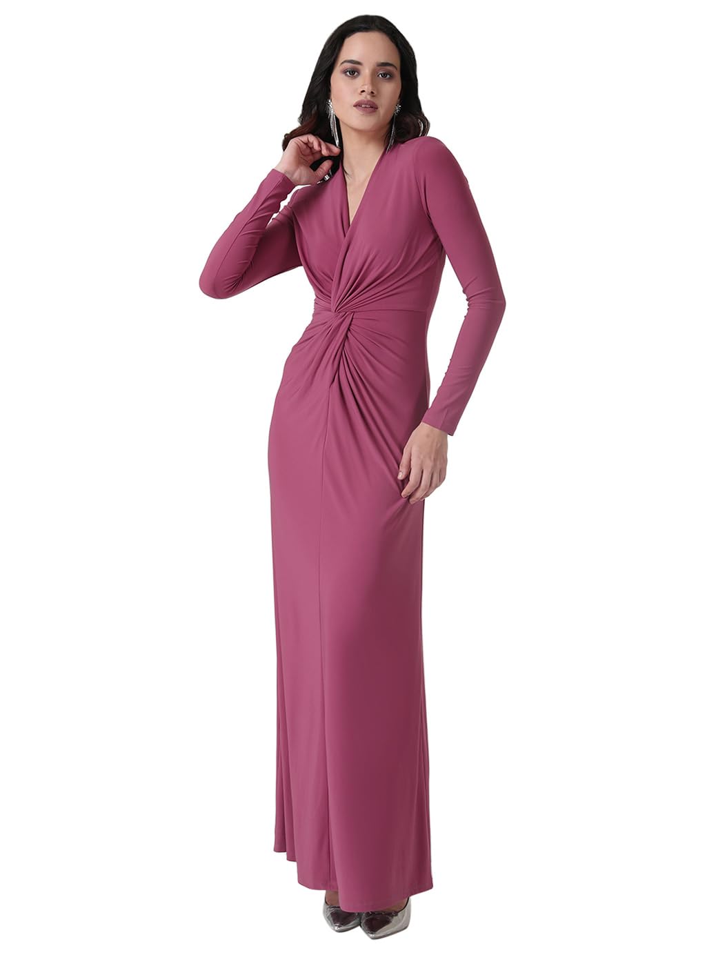 Kazo Solid V Neck Poly Cotton Women's Maxi Dress (Pink)