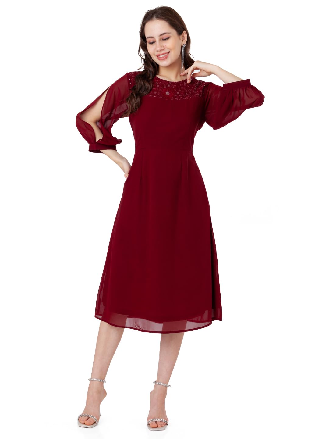 Zink London Women's Maroon Embroidered A-Line Midi Dress