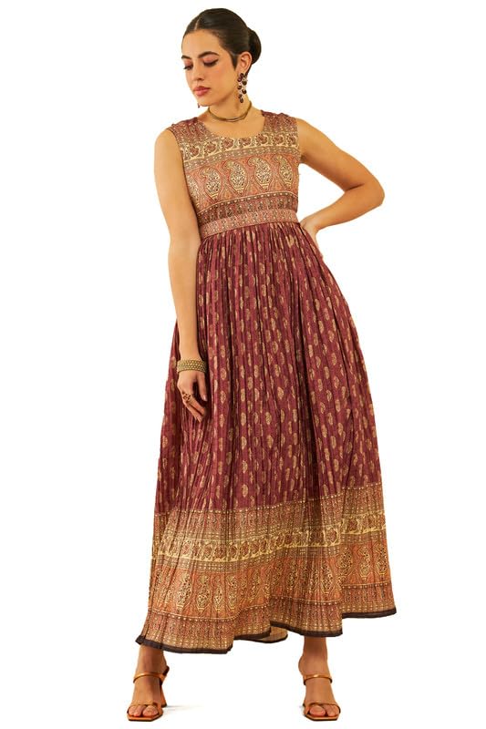 Soch Womens Maroon Art Silk Paisley Print Dress with Sequins