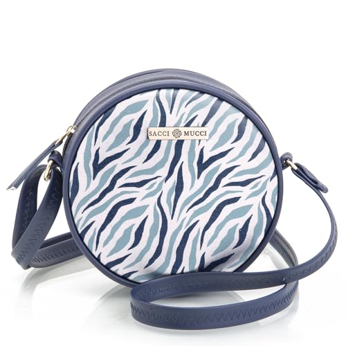 SACCI MUCCI Round Sling Bag, Printed Sling Bag For Girls, Women Sling Bag, Crossbody Bag For Women,Girls, Gift for her - Wave Botanical (Navy Blue)