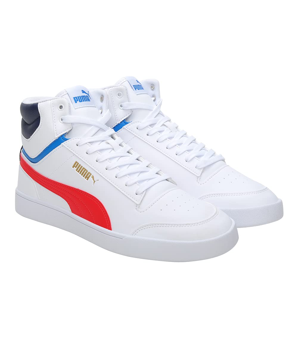 Puma Unisex Shuffle Mid Sneaker, Puma White-High Risk Red-Peacoat-Puma Team Gold)