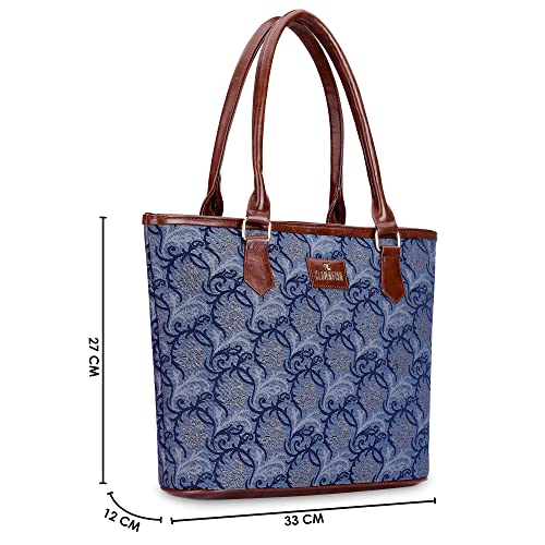 THE CLOWNFISH Justina Tapestry Fabric & Faux Leather Handbag for Women Office Bag Ladies Shoulder Bag Tote For Women College Girls (Blue-Floral)