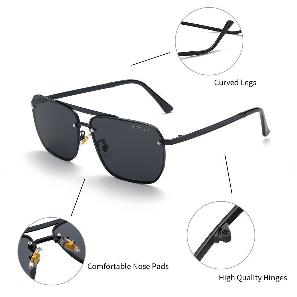 Buy grey jack Semi-Rimless Polarized Sunglasses for Men Women,Square  Sunglasses for UV Protection 1108 Black Frame Black Lens at Amazon.in