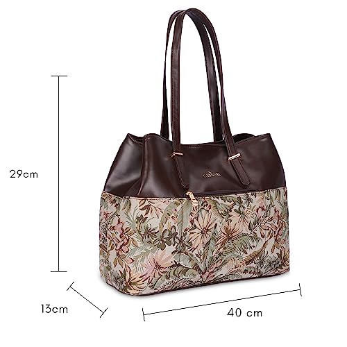 THE CLOWNFISH Calista Tapestry & Faux Leather Handbag for Women Office Bag Ladies Shoulder Bag Tote For Women College Girls (Beige)