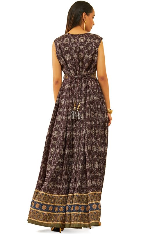 Soch Womens Charcoal Art Silk Bandhani Print Dress with Sequins