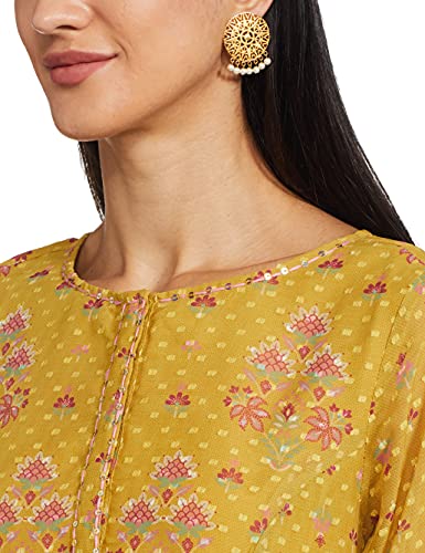 global desi Geometric V Neck Polyester Womens Fit and Flare Dress (Mustard)