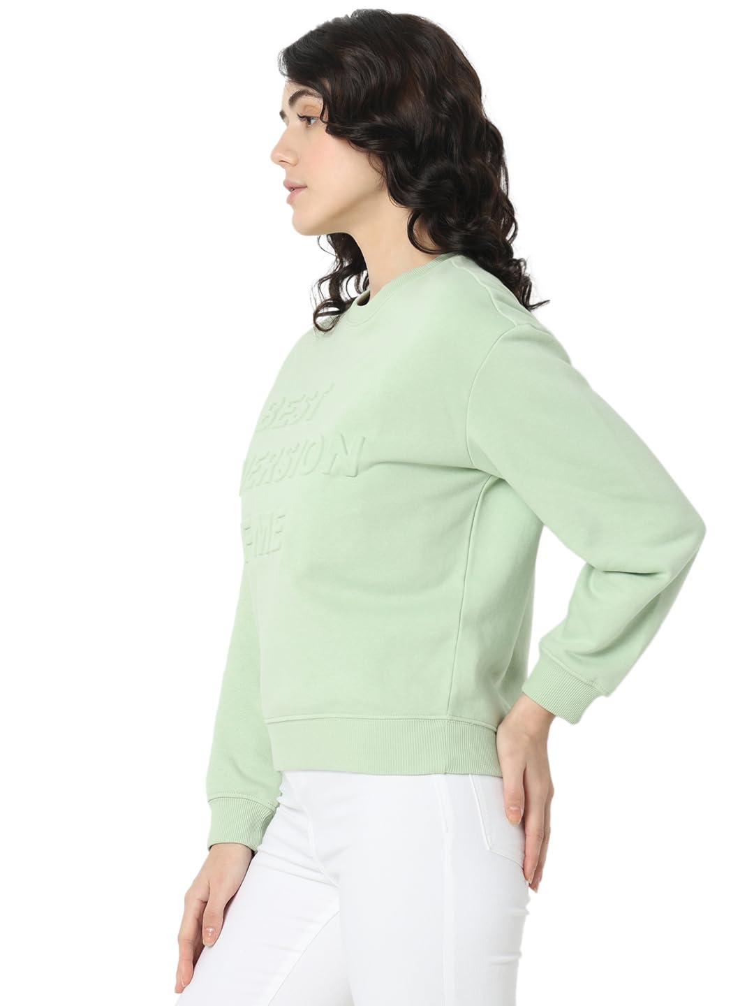 VERO MODA Women's Cotton Round Neck Sweatshirt (Smoke Green)