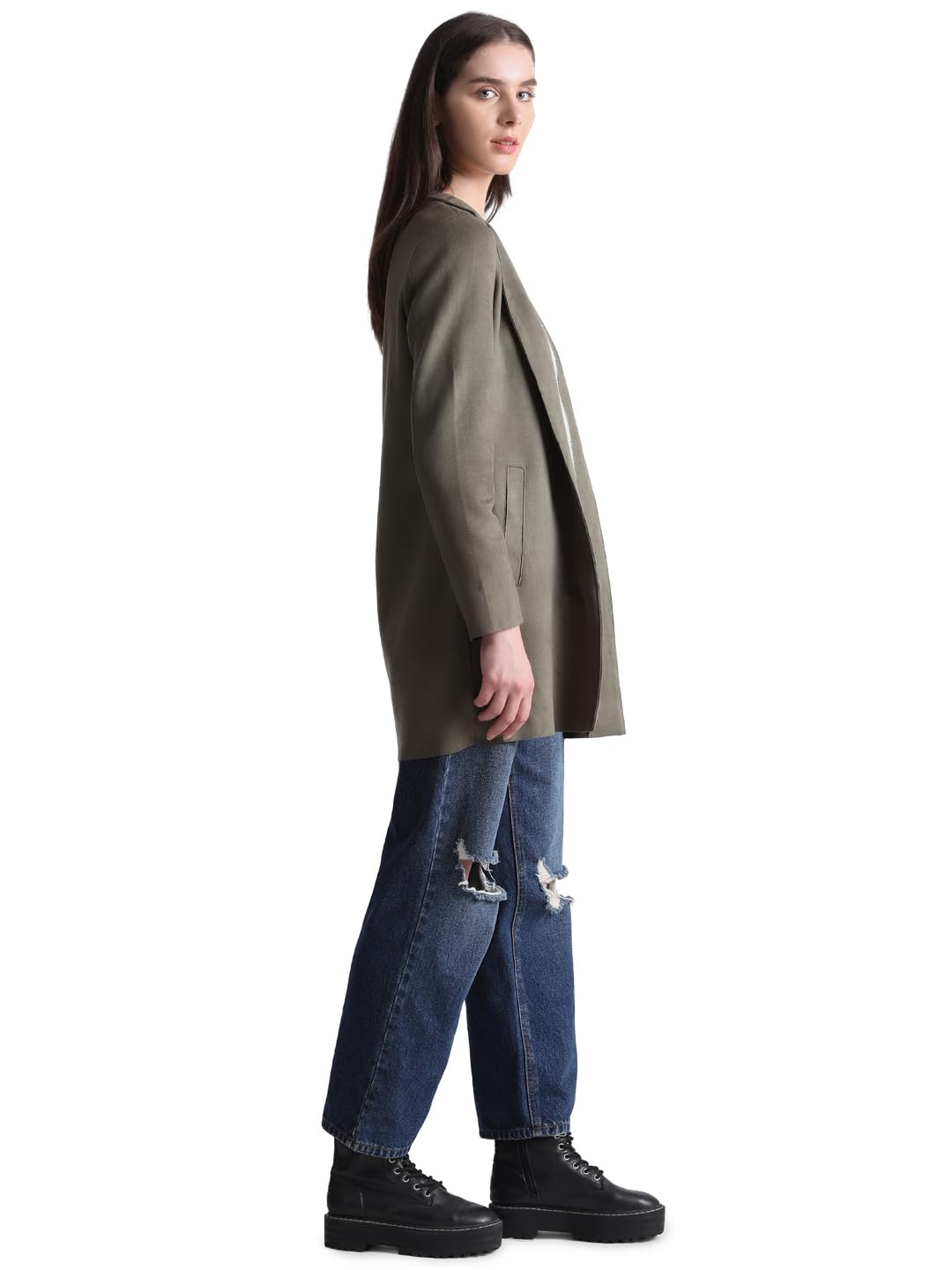 Only Women's Polyester Blend Longline Green A-Line Coat_Medium