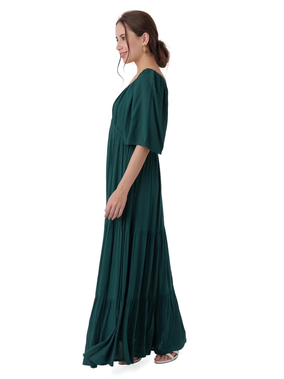 Zink London Women's Dark Cedar Solid Tiered Maxi Dress Green