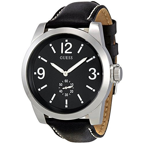 Guess Men's Black Leather Analog Quartz Watch with Black Dial