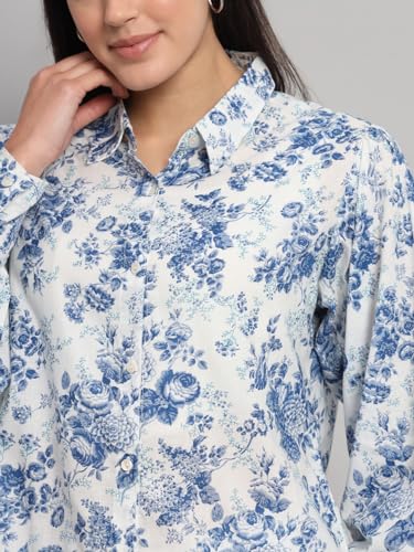 Ravaiyaa - Attitude is everything Shirt for Women, Printed Shirt, Relaxed Fit, Full Puff Sleeves 100% Cotton Spread Collar Neck Printed Shirt for Womens/Girls (White Blue Floral)