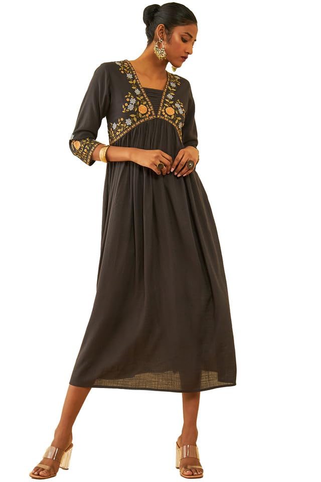 Soch Womens Black Rayon Slub Embroidered Dress with Thread Work(8909058020416)