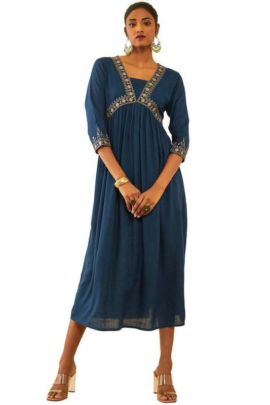 Soch Womens Blue Rayon Slub Embroidered Dress with Thread Work(8909058020508)