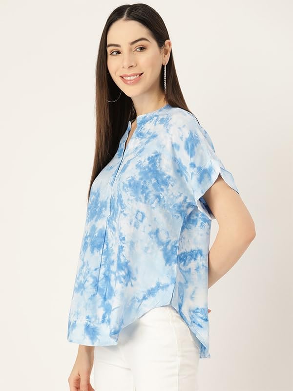 Maaesa Hand Done Multicolor Tie Dyed Rayon Slub Top (Light Blue)