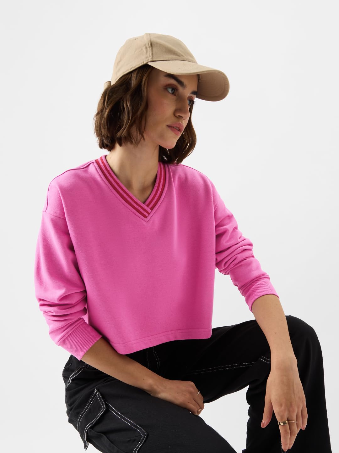 The Souled Store Official Solids: Pink Carnation Women Oversized Sweatshirts