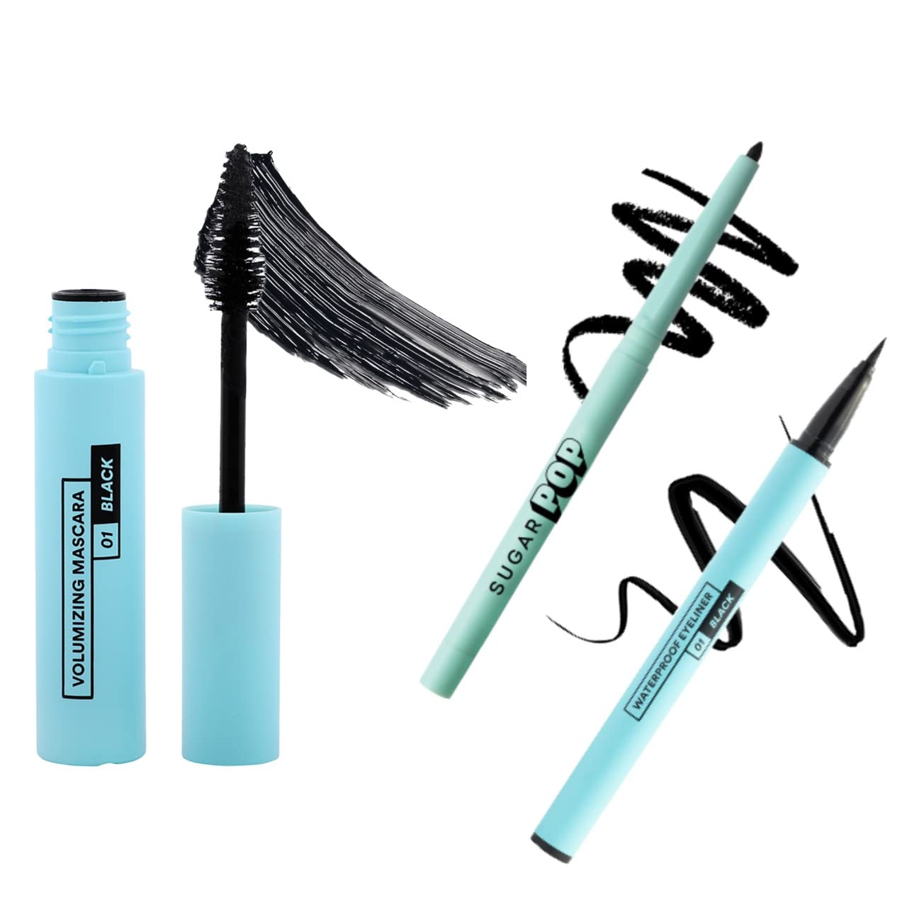 SUGAR POP Perfect Eye Combo Kit - 01 Black Kajal +Eyeliner-Black +Mascara l Long Lasting | Smudge Proof | Water Proof | Single Stroke Velvet Finish l Lasts up to 16 Hours (Black)