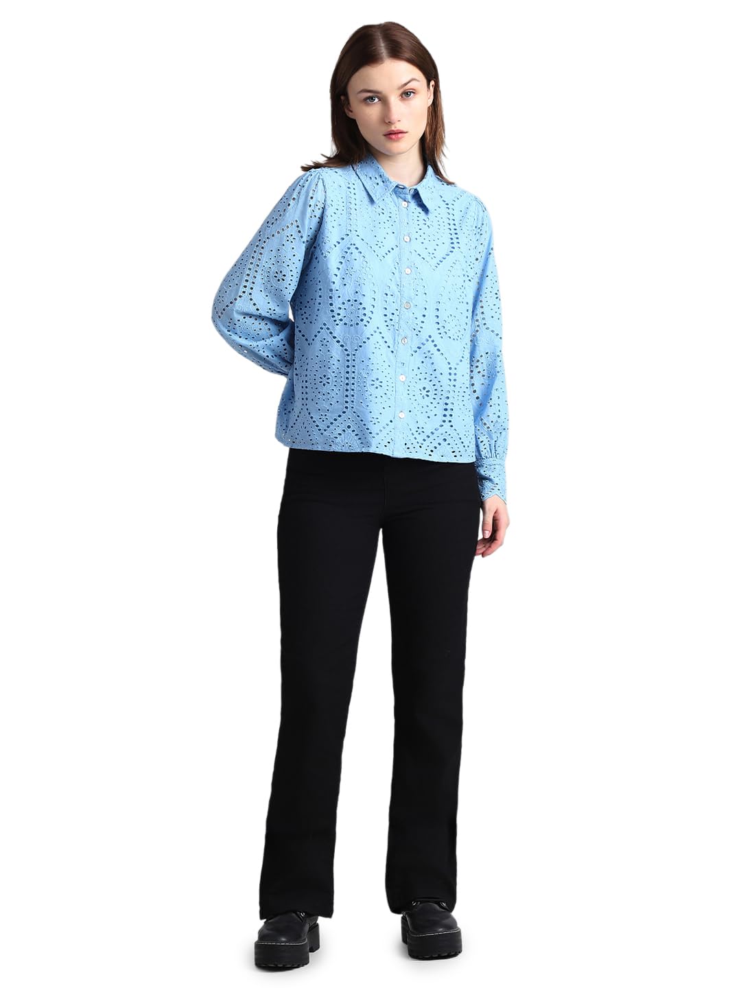 ONLY Women's Solid Regular Fit Shirt (15329004-Blue Aster_Blue