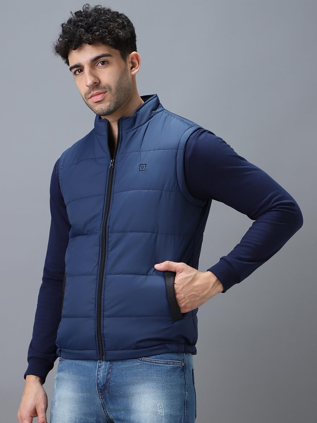 Urbano Fashion Men's Blue Sleeveless Zippered Puffer Jacket (jakt-puff-slvless-blzblu-l)