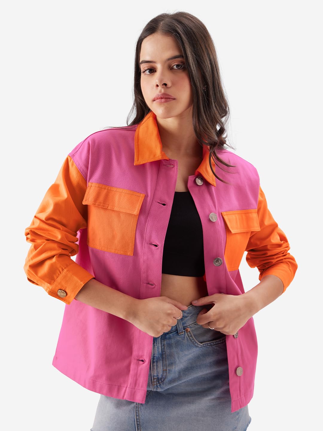 The Souled Store Solids: Pink, Orange (Colourblock) Long Sleeve Button Down Collared Women and Girls Shackets