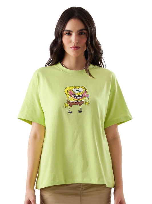 The Souled Store Official Spongebob: Oh Buoy Women and Girls Oversize Fit Half Sleeve Graphic Printed Cotton Yellow Color T-Shirt