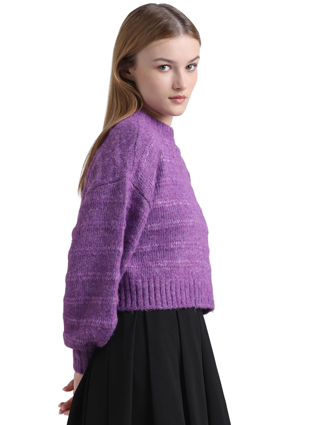 ONLY Women's Polyester Blend Round Neck Pullover Sweater (Amaranth Purple)